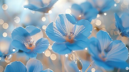 Close-up of vibrant blue flowers with fresh dew drops, highlighted by soft bokeh light effects.
