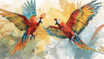 Sketch a young macaw learning to fly under the watchful eyes of older parrots in a safe, enclosed aviary