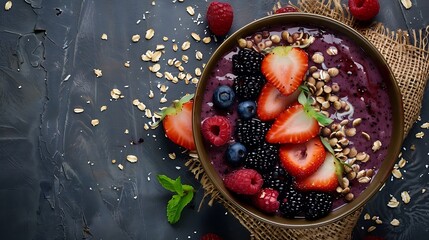 Acai bowl on the table with jute canvas with berries and oat flakes top view food