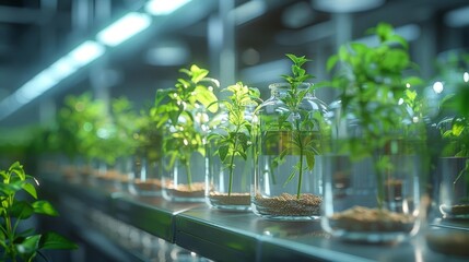 Visualize a biotechnology lab where scientists are genetically modifying plants to enhance drought resistance