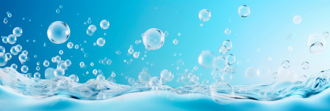 A serene blue background with detergent foam bubbles floating lazily, surrounded by soft, wispy soap suds.
