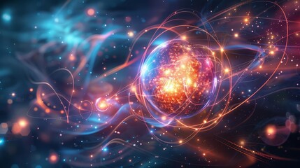 Obraz premium Visualize a complex diagram illustrating the behavior of particles at the quantum level, with electrons orbiting a nucleus