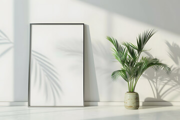 poster mock up with vertical metal frame and plants in vase on white wall background. 3D rendering. mock up. Generative Ai.