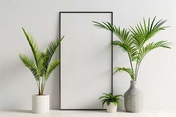 poster mock up with vertical metal frame and plants in vase on white wall background. 3D rendering. mock up. Generative Ai.