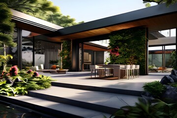 A structure with a flat roof and beautifully designed green areas contemporary home remodeling and terrace design 