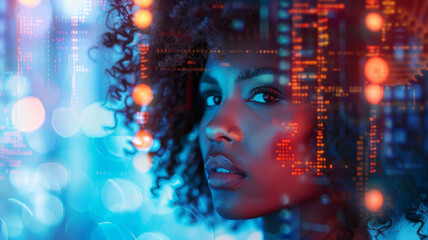 AI cyber security threat illustration, black african american female IT specialist analysing data information technology, augmented reality artificial intelligence collage, side profile, copy space