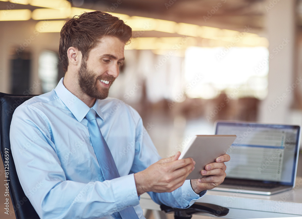 Poster Man, business and smile with tablet in office for research, schedule and idea for development of company as entrepreneur. Happy, male person and digital tech for agenda, reading and email at work
