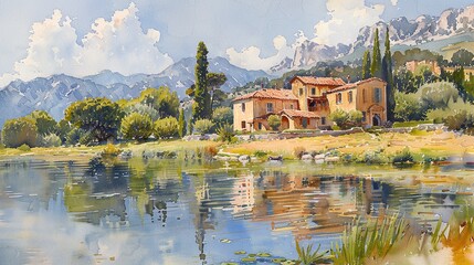 Obraz premium Watercolor painting of a rural village painted in pastel colors