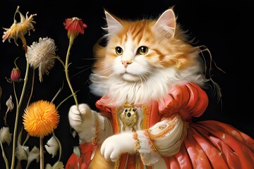 Acrylic, watercolor, and oil painting of a cat against a flowery backdrop Pretty cat holding a flower in its hand, wearing traditional attire.


