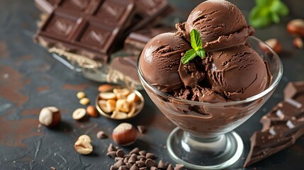 Chocolate ice cream with dark chocolate bars and hazelnuts in a glass bowl