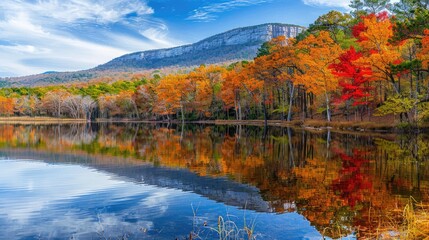 Obraz premium Autumn Beauty at Cheaha State Park, Alabama: Lake Reflects the Kaleidoscope of Maple Colours 