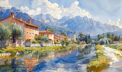 Fototapeta premium Watercolor painting of a rural village painted in pastel colors