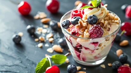 Cup of ice cream with fruits and nuts sundae with cherries raspberries and blueberries summer dessert concept - Powered by Adobe