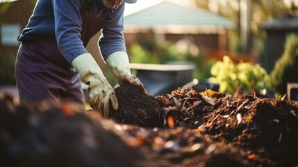 Person composting food waste in backyard compost bin garden	
