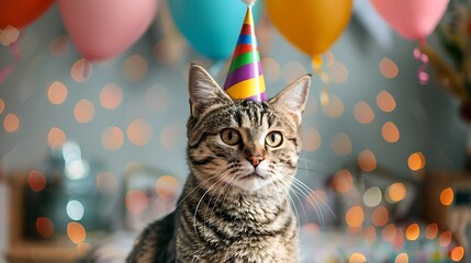 cute shorthair cat celebrating her birthday horizontal composition clothe background
