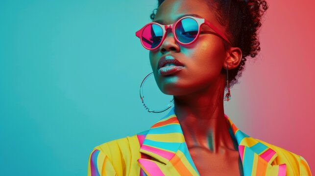 fashion model dressed in colorful Y2K era outfits, showcasing bold textures and vibrant accessories. retro Y2K fashion, wearing bold and striking outfits, colorful and full of life, fashion forward.