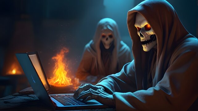 Two scary ghost working on laptop with fire, fantasy halloween character, cinematic look, vibrant colors