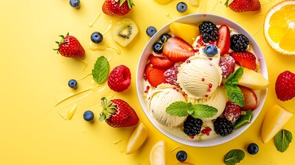 Fresh fruit salad with scoops of ice cream yellow background