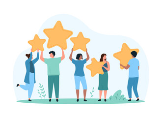 Customers good review, satisfaction and feedback about positive experience. Tiny people hold five yellow stars, clients rate excellence quality, support and award of users cartoon vector illustration