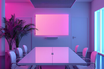 A vibrant meeting room with a whiteboard in the background, illuminated with vibrant neon colors