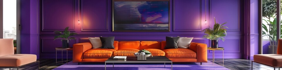 Sleek and Sophisticated Purple Lounge with Minimalist Furniture and Bold Artwork for a Luxurious