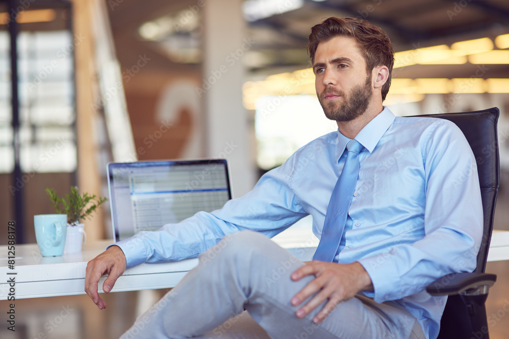 Poster business, thinking and man with laptop, solution and opportunity with decision, accountant and choic
