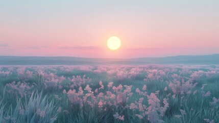 Soft sunset illuminates a vast meadow of pink wildflowers under a serene pastel sky, creating a dreamlike landscape.
