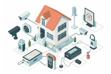 Obraz premium Safeguard residential areas with security networks and advanced technology, monitoring building perimeters and ensuring protection through high visibility cameras.