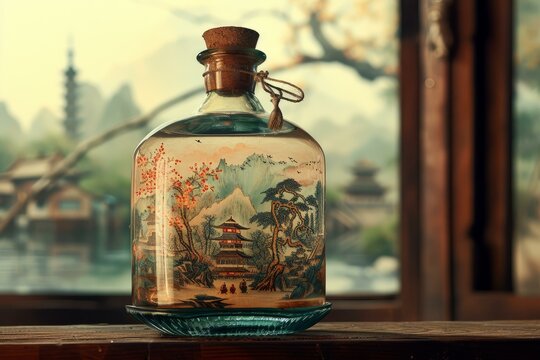 Decorative bottle featuring intricate asian landscape painting, displayed against a warm, blurred background