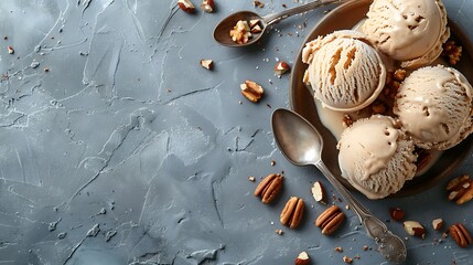 Home made caramel nut ice cream spoon and balls on the kitchen board on a stone gray table top view