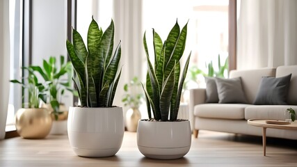 Sansevieria or snake plant in a pot on blurred living room interior background. Generative AI.