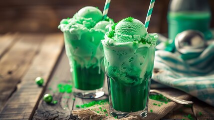 Homemade green ice cream soda float for st patricks day
