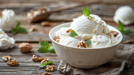 Homemade ice cream cup with nuts and mint served in bowl on the old wooden background