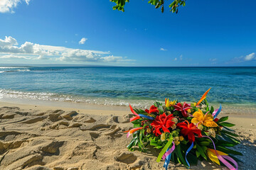 A Memorial Day wreath on a beach with the ocean as backdrop and tropical ribbons.