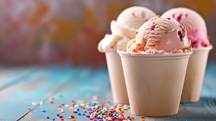 Ice cream scoops in sundae cup on wooden table