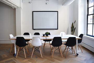 A modern meeting room with a whiteboard in the background, ideal for brainstorming and collaboration sessions