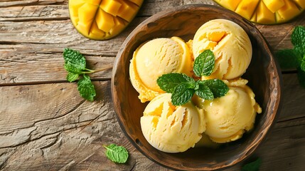 ice cream with mango pulp garnished with mint on wooden background