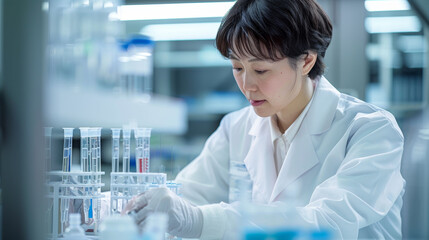 Fototapeta premium 白衣の検査技師が試験管を使う。A laboratory technician in a white coat uses a test tube.Generative AI