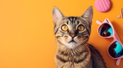 Pet accessories for cats on orange pastel background close up