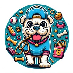 Fototapeta premium A cartoon dog with a leash and accessories realistic attractive harmony illustrator.