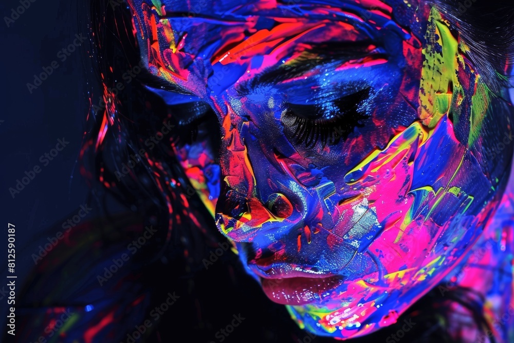 Poster a mesmerizing portrait of a woman in vivid colors reflecting a spectrum of emotions and thoughts