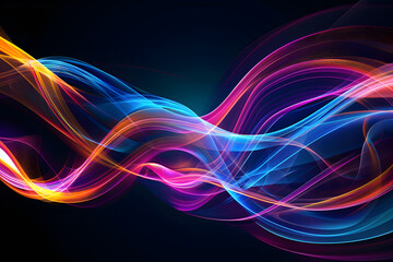 Multicolored neon abstract composition with swirling waves and vibrant blue lines. Neon art on black background.
