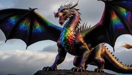 realistic digital glistening technicolour dragon with rainbow hues against a stark black background. illusion chinese dragon statue dragon on the wall © buddhika