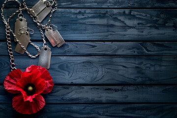 Remembrance display with a red poppy and dog tags on blue aged wood  Memorial Day.