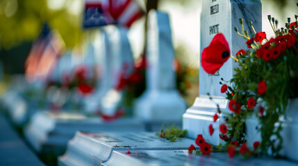 A row of white tombstones each with a red poppy and an American flag lined up in a national cemetery on Memorial Day.