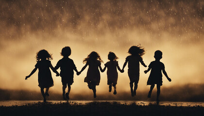 silhouette of little children jumping with joy in the rain, sunset time
