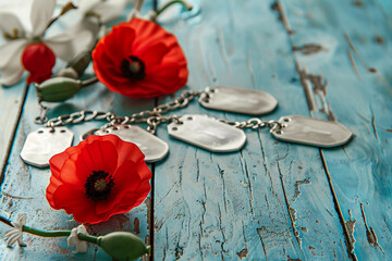 Memorial Day red poppy and military dog tags on a vintage distressed blue table  remembrance.