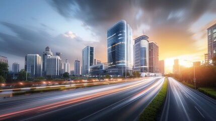 City, modern style buildings, sky, side view road, realism image, fresh lighting, photographic lighting, Super-Resolution, magazine photography, fashion photography, studio photography, light. 