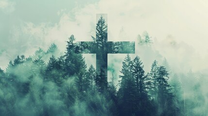 Creative double exposure merging a cross with a forest landscape, symbolizing the connection between spirituality and nature