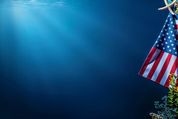 Solemn Memorial Day respect with an American flag displayed on deep sea blue.
